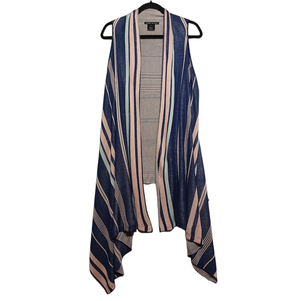 COMO BLACK Blue Pink Stripe Print Sleeveless Boho Knit Shawl Cardigan X-Large